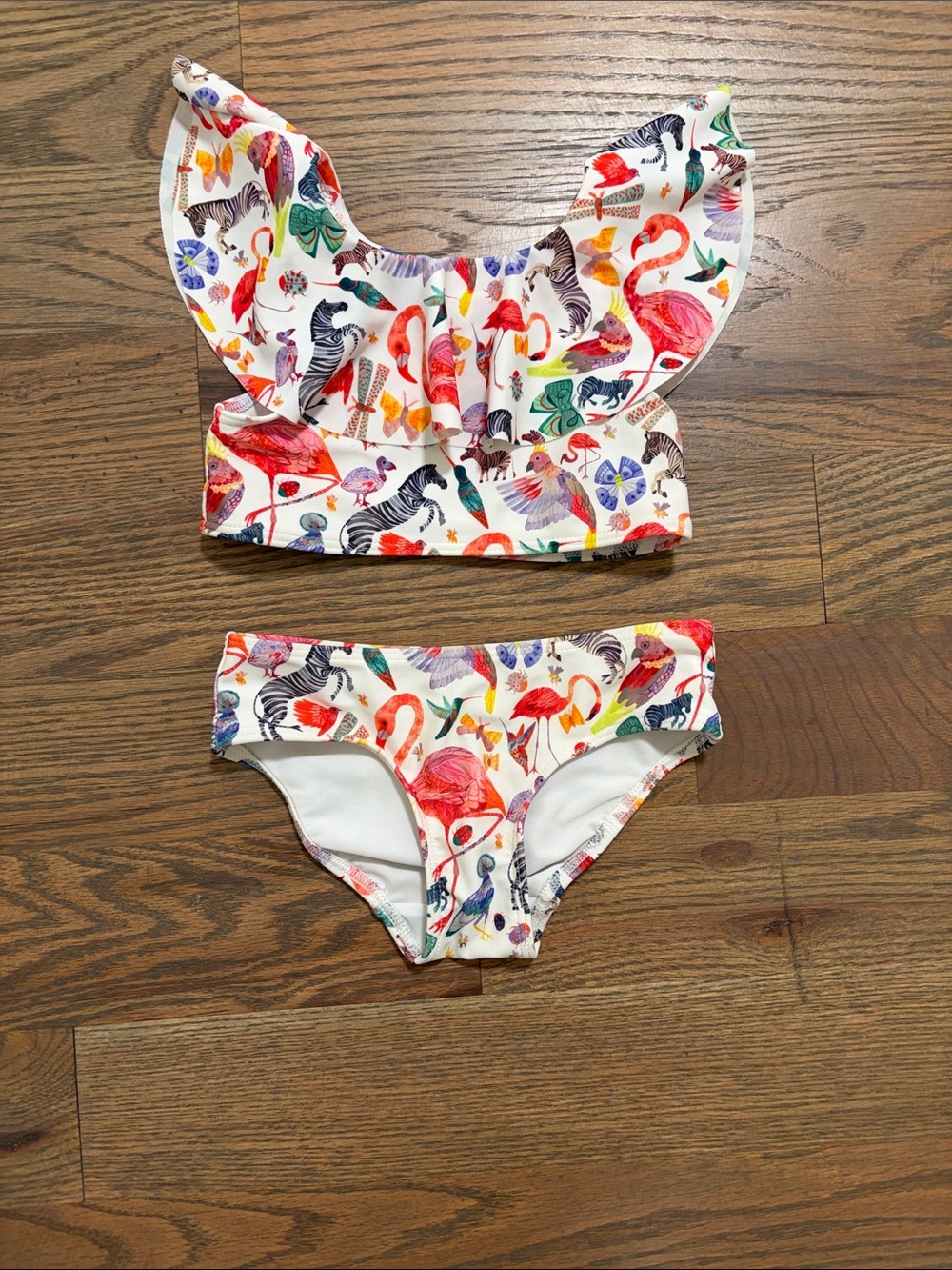 H&M White Tropical Animal Print Ruffle Two-Piece Swim Set 1-2 years EUC